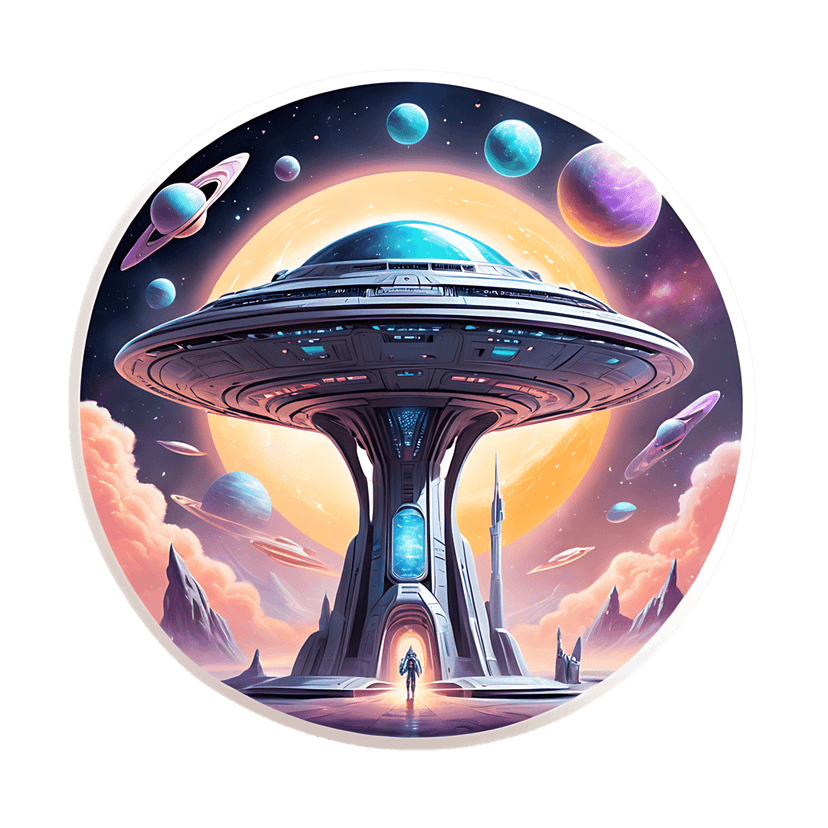 Alien spacecraft landing on a neon purple planet near an astronaut silhouette under a celestial ringed sky.
