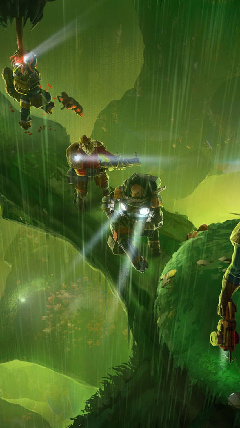 Armored dwarves with spotlights traverse a dark green cave during heavy rain as a creature attacks from above.