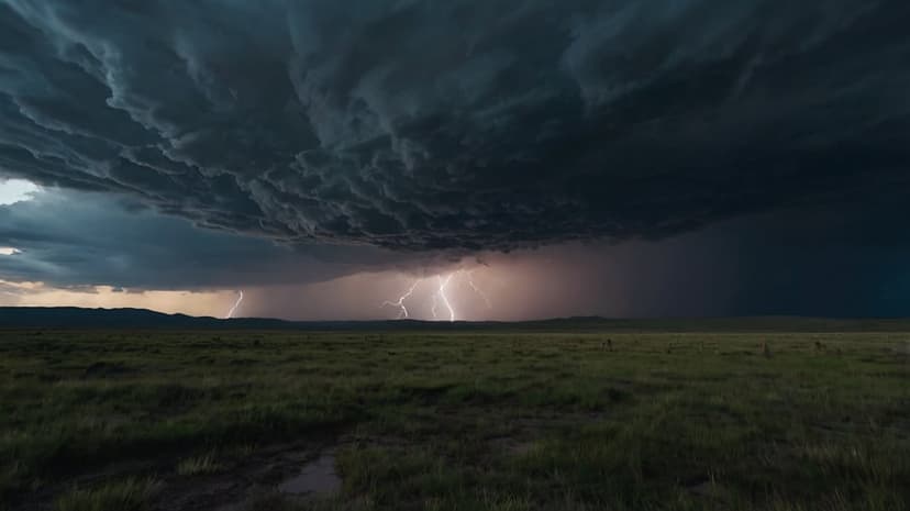Electric lightning bolts pierce dark storm clouds above a vast green prairie under a turbulent evening sky.