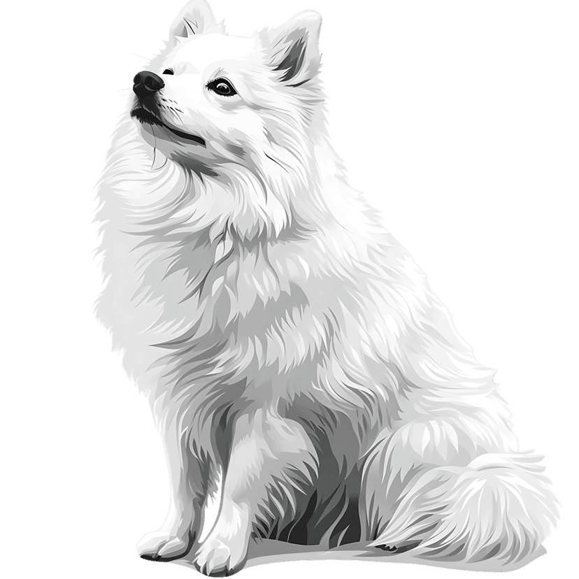 Fluffy white Samoyed dog sitting alertly against a solid black background in a detailed digital art style.