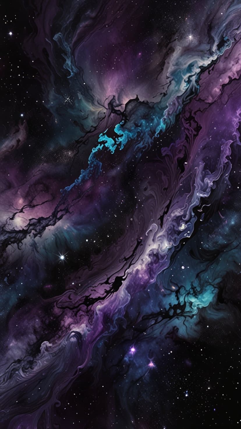 Purple and teal nebula clouds with tiny white stars scattered across a dark, vast cosmic background.