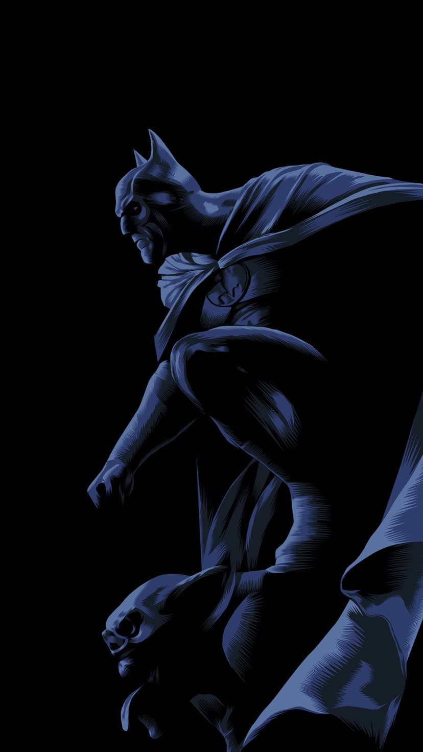 Batman crouches on a weathered stone gargoyle with pointed ears and a long cape under dramatic blue lighting.