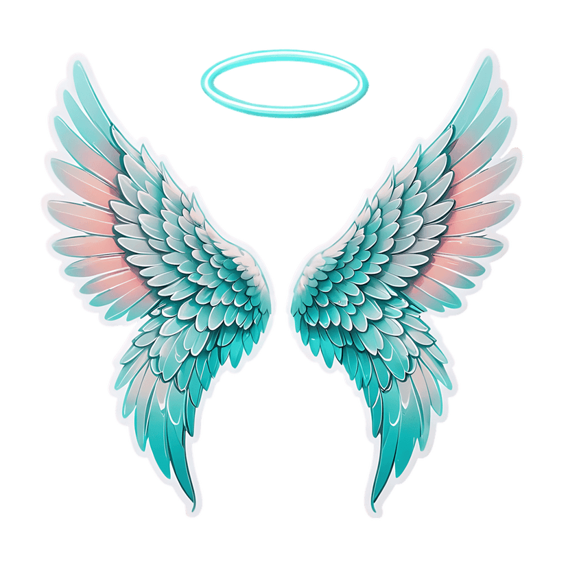 Teal and pink angel wings sticker illustration featuring a glowing blue halo and thick white die-cut outline.