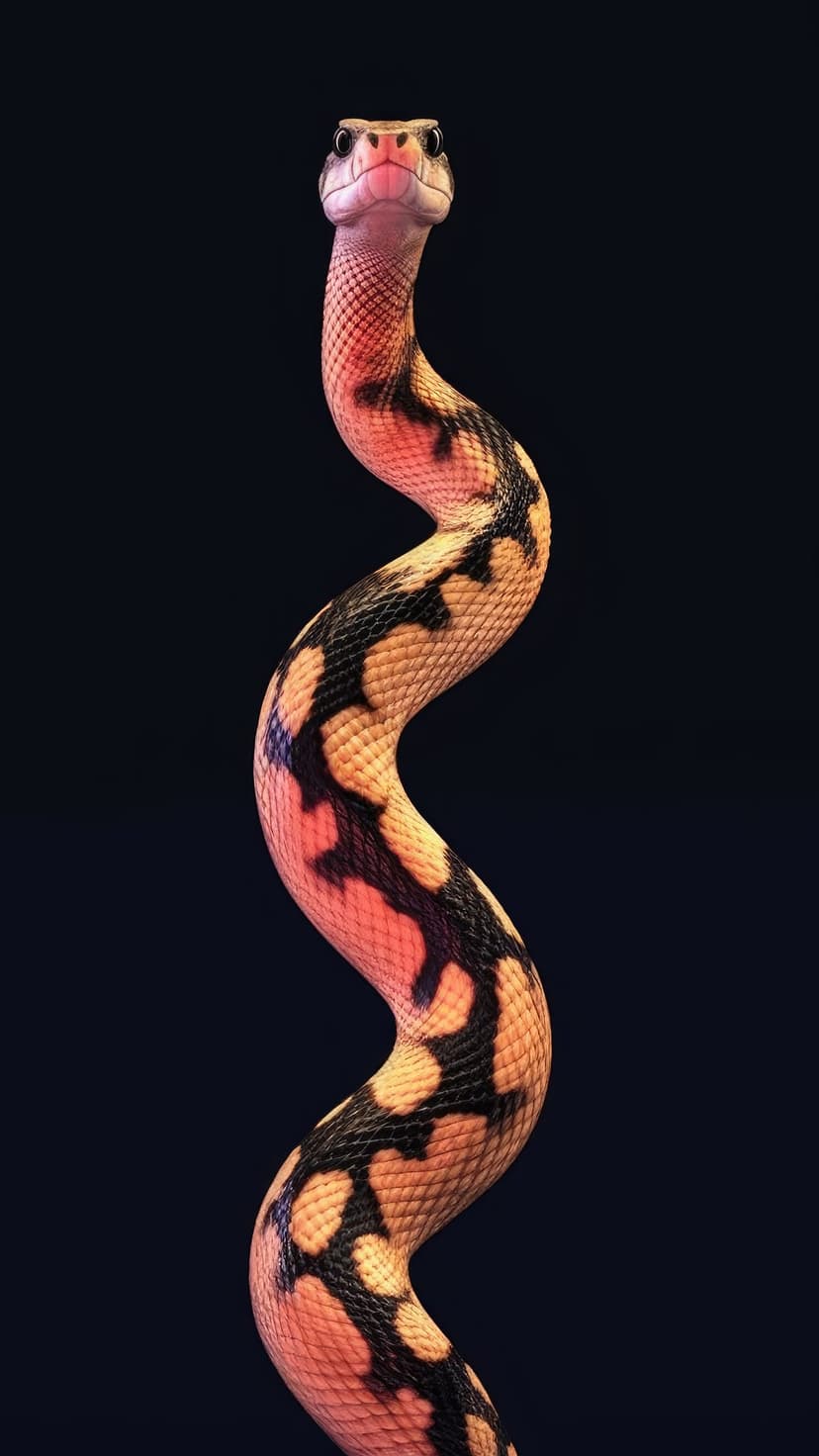 Orange snake with black patterns coils its head high against a dark background, showing textured scales and eyes.