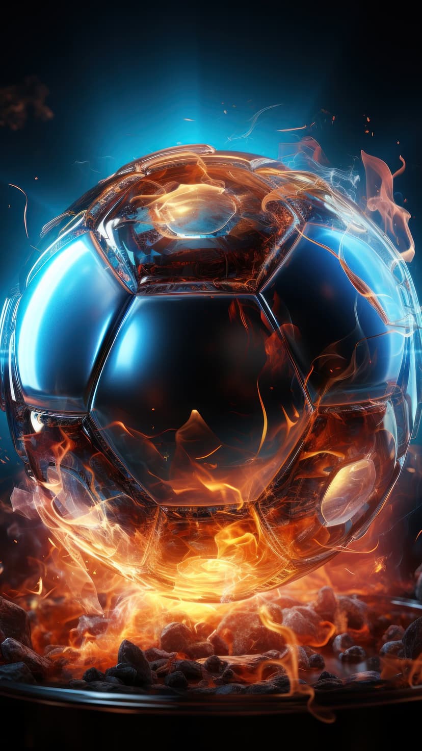 Crystal soccer ball emitting a blue glow while engulfed in vivid orange flames against a dark blue background.