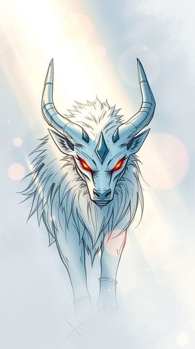 Fierce white beast with glowing red eyes and horns