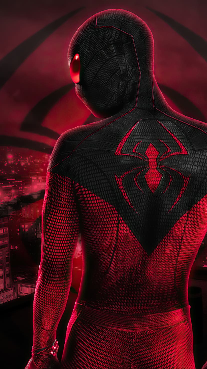Scarlet Spider suit back with a red spider emblem overlooking a dark urban skyline under crimson light.