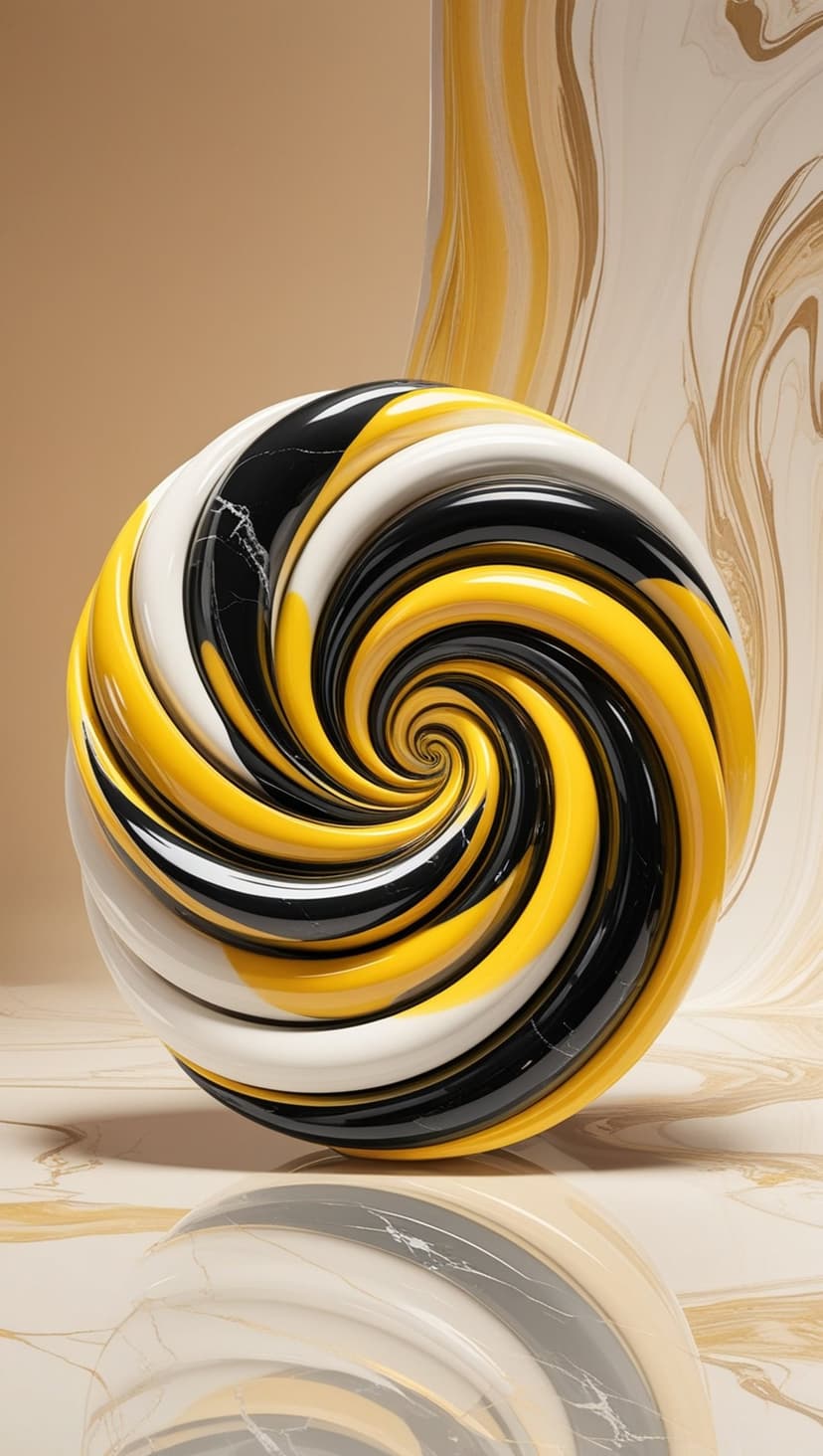 Yellow and black spiral sculpture with a glossy finish stands on a marble surface against a swirling backdrop.