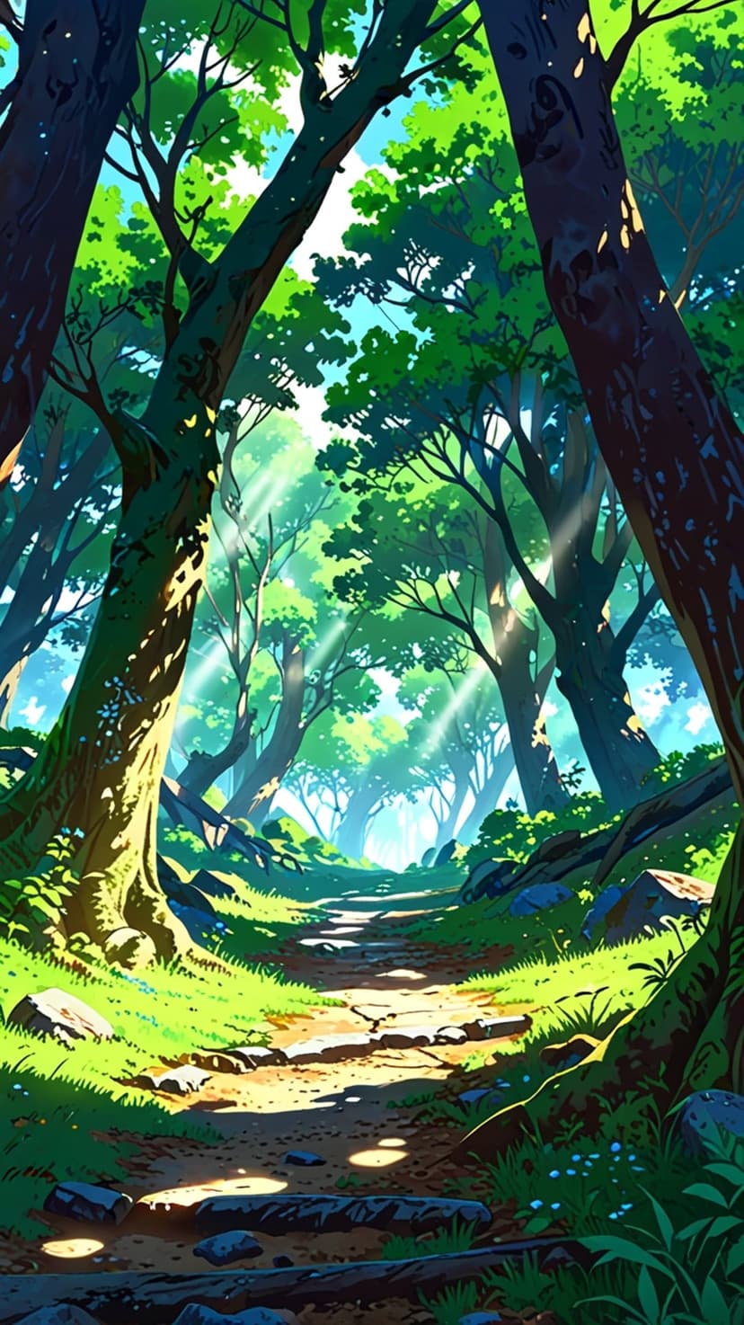 Winding dirt path through a lush green forest with golden sunbeams piercing the canopy and hitting mossy rocks.