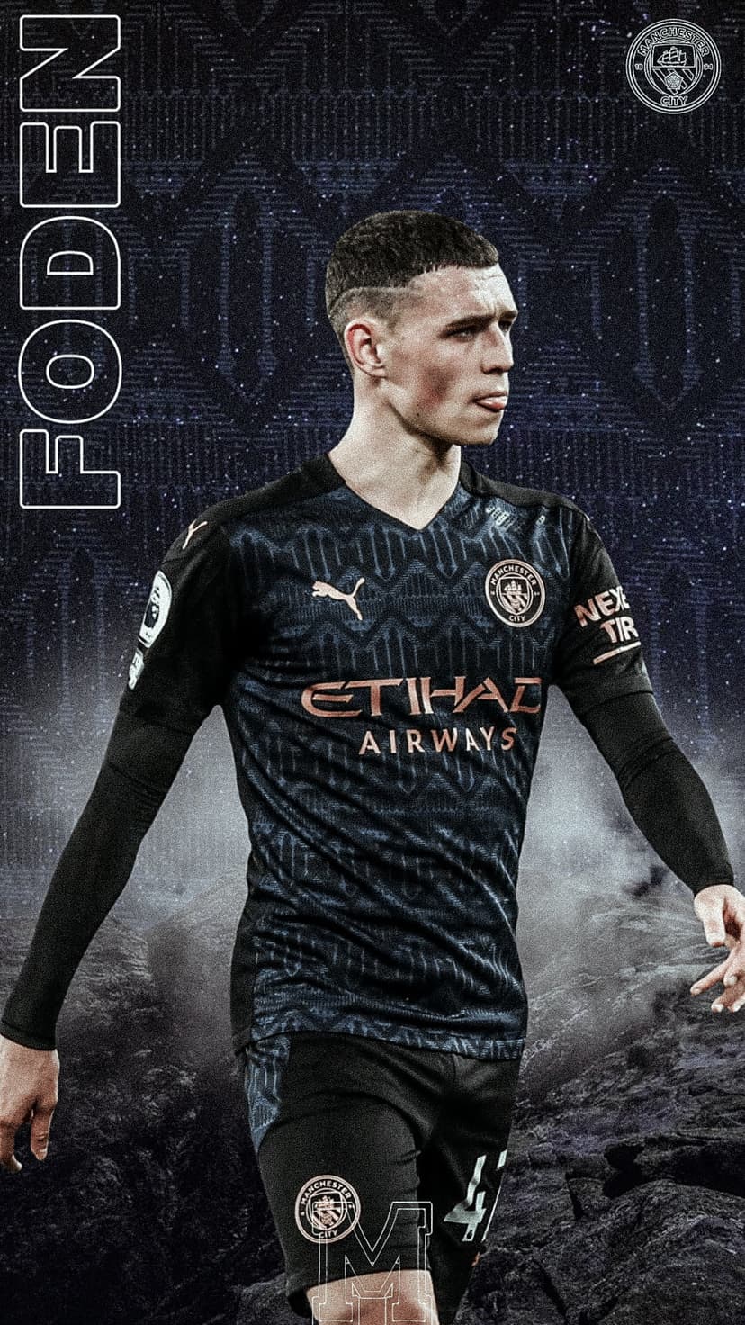 Phil Foden wearing a sky blue Manchester City jersey against a dark textured background with team branding.