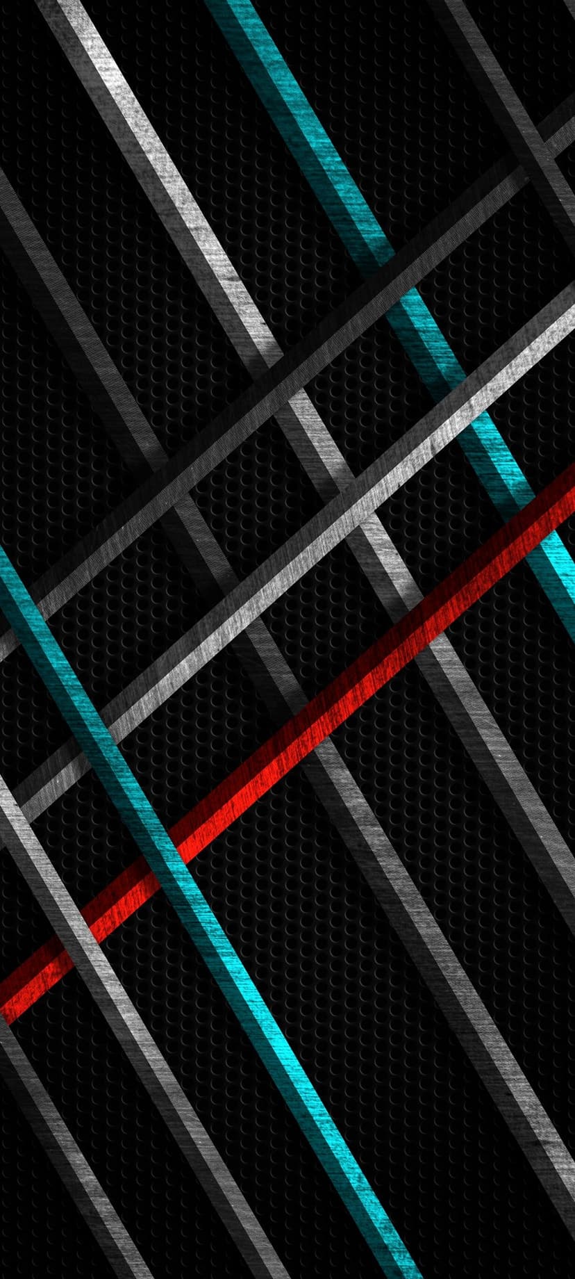 Red and blue lines crisscross against a dark grainy backdrop with layered gray and white geometric shapes.