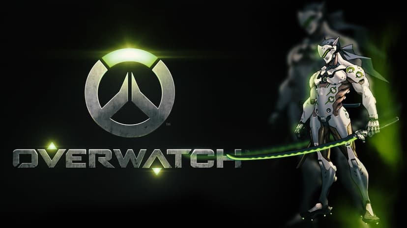 Genji from Overwatch stands with a glowing green katana beside a metallic game logo on a dark black background.