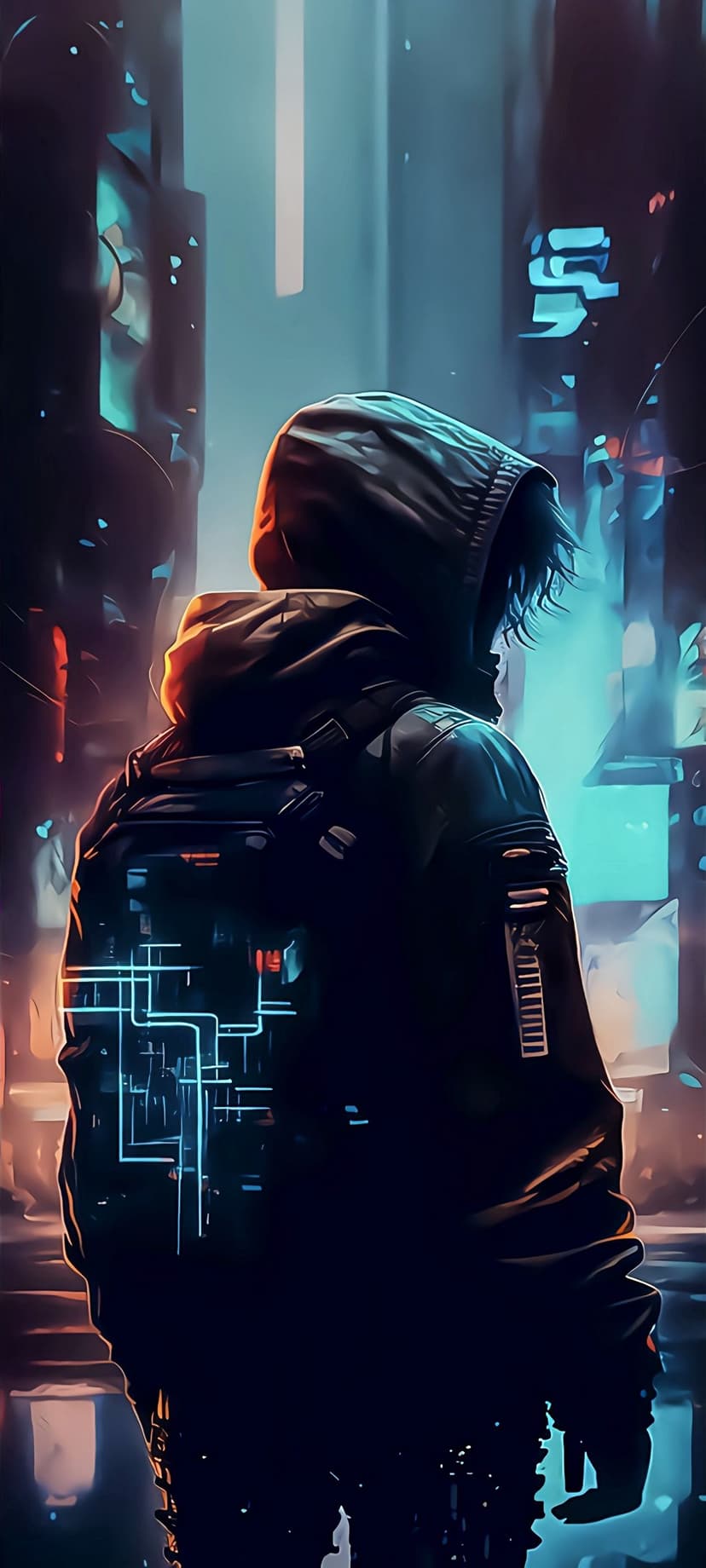 Hooded character with glowing blue circuit patterns stands before a blurred neon futuristic city at night.