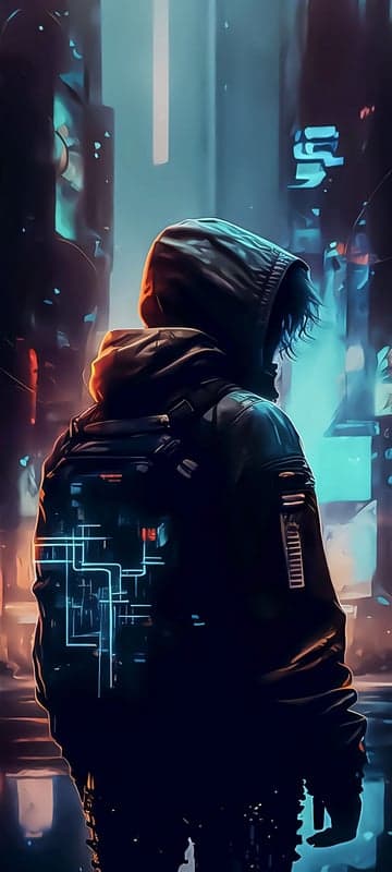 Cyberpunk character in a neon-lit futuristic city