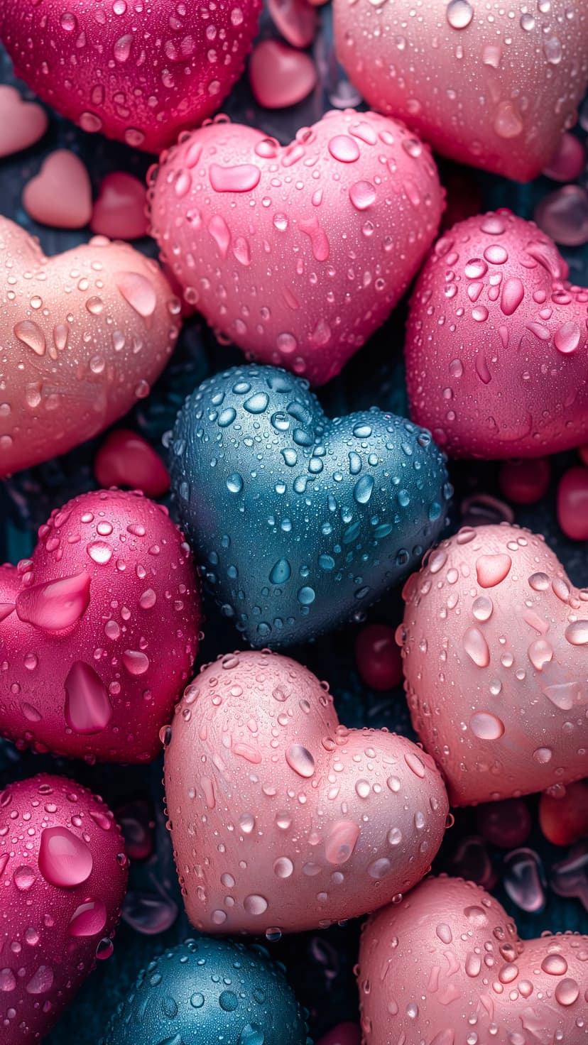 Pink and blue heart-shaped candies covered in clear water droplets against a soft-focus textured background surface.