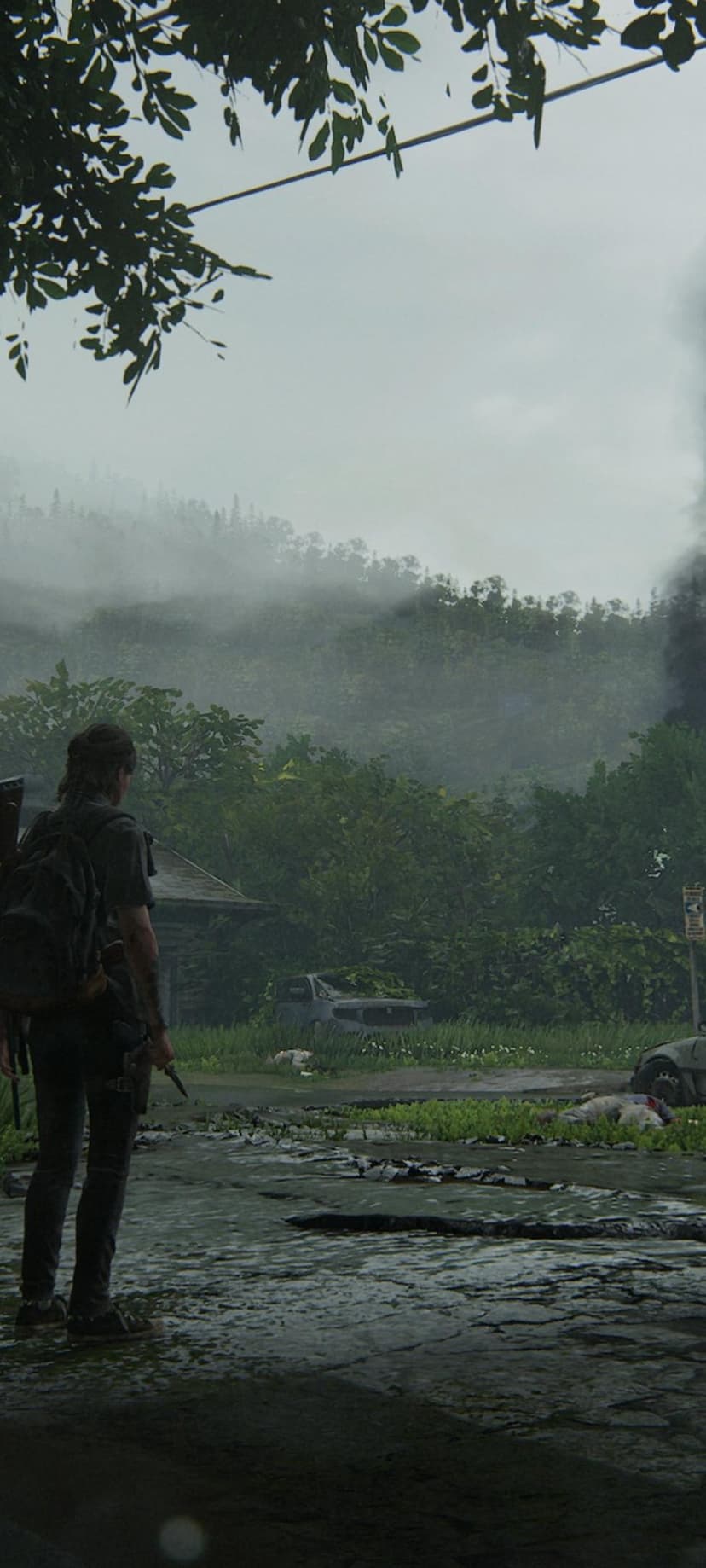 Ellie holds a knife while standing before a foggy valley with overgrown ruins and a distant black smoke plume.