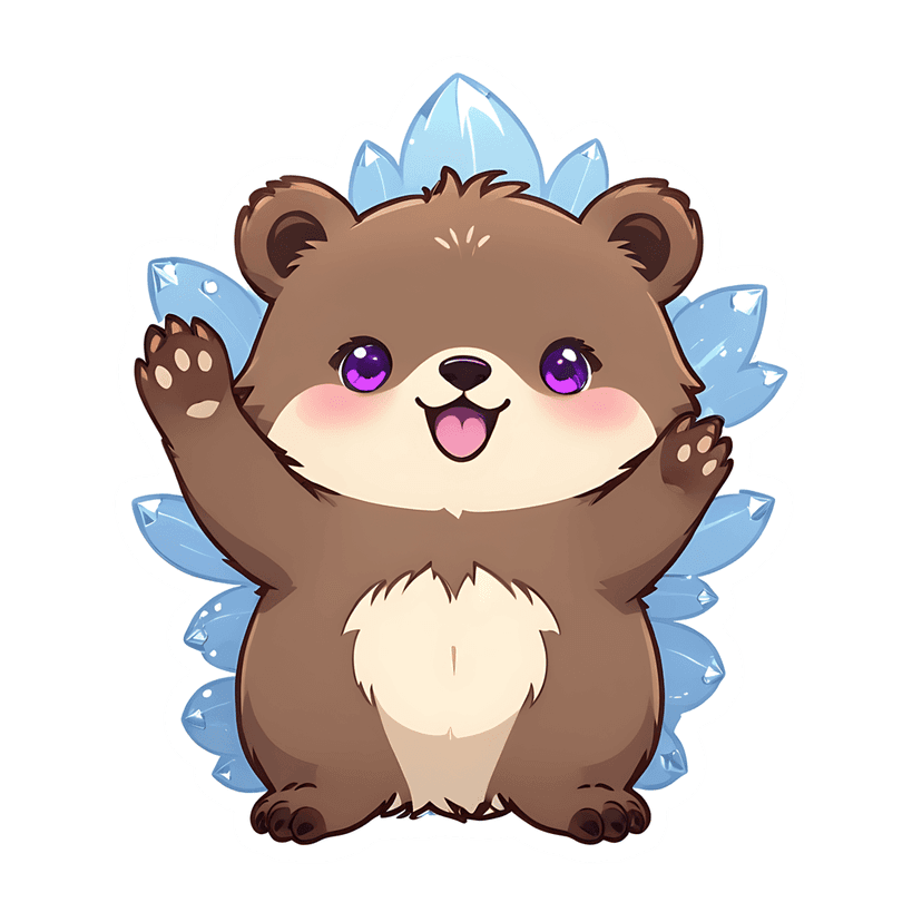 Brown bear cub sticker with purple eyes and pink cheeks sits surrounded by light blue ice crystals on white.