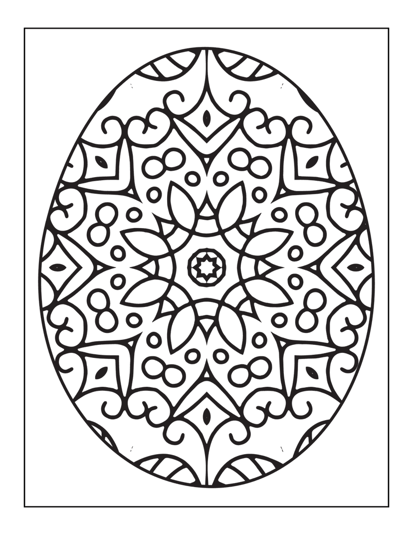 Mandala easter egg line art showcasing symmetrical floral patterns and geometric swirls in black and white ink.
