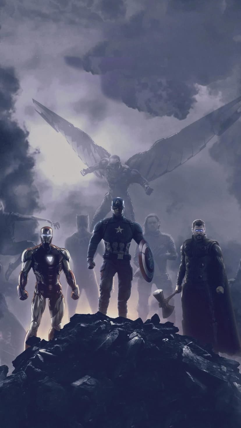 Avengers including Iron Man and Captain America stand together under a stormy sky in a cinematic portrait.