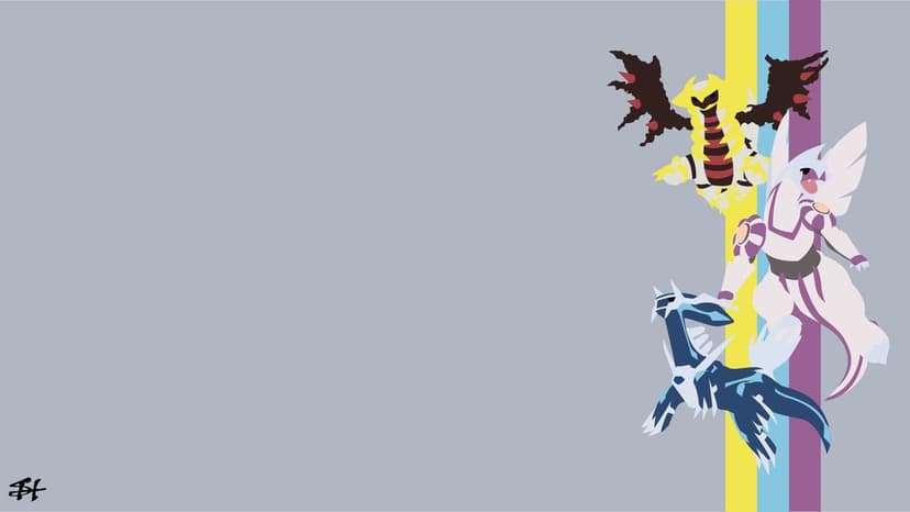 Giratina, Palkia, and Dialga in flat vector art on a grey background with yellow, blue, and purple vertical stripes.