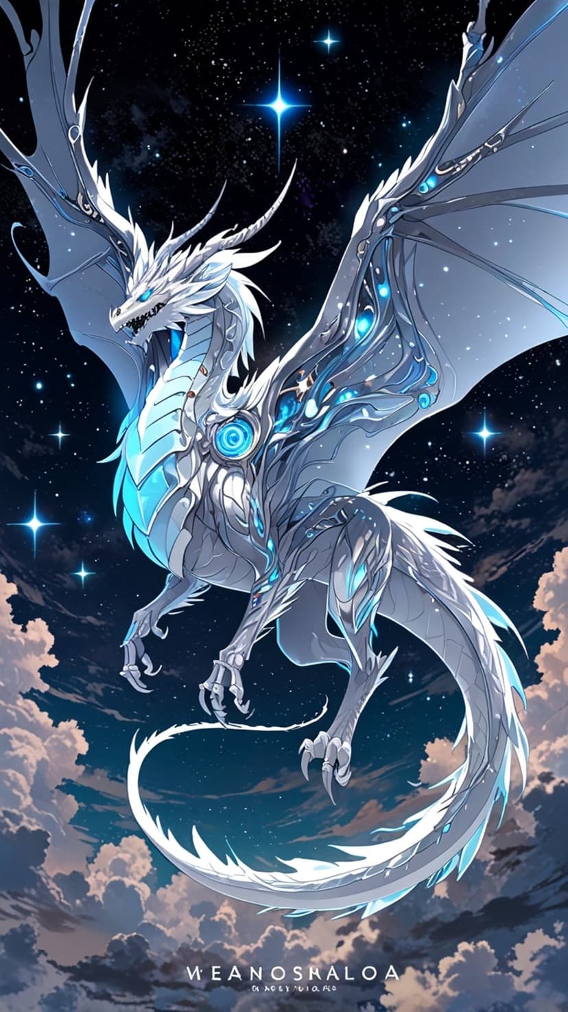 Ice dragon with glowing blue eyes and patterned wings glides through a dark starry sky amidst swirling clouds.