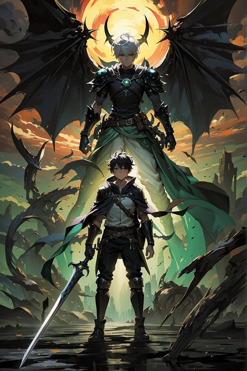 White-haired warrior with black dragon wings stands behind a young adventurer holding a glowing sword.