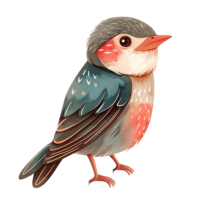 Watercolor bird illustration shows teal wings, pink speckled chest, and grey head in side profile view.