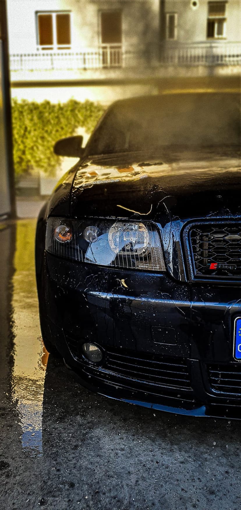 Black Audi RS4 with water beads on the hood and grille sits on wet pavement after a car wash in soft daylight.