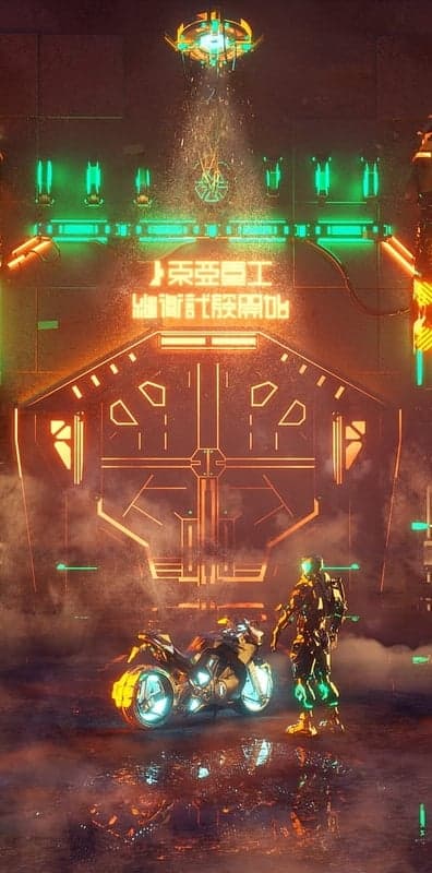 Futuristic motorcycle and cyborg in neon-lit sci-fi garage