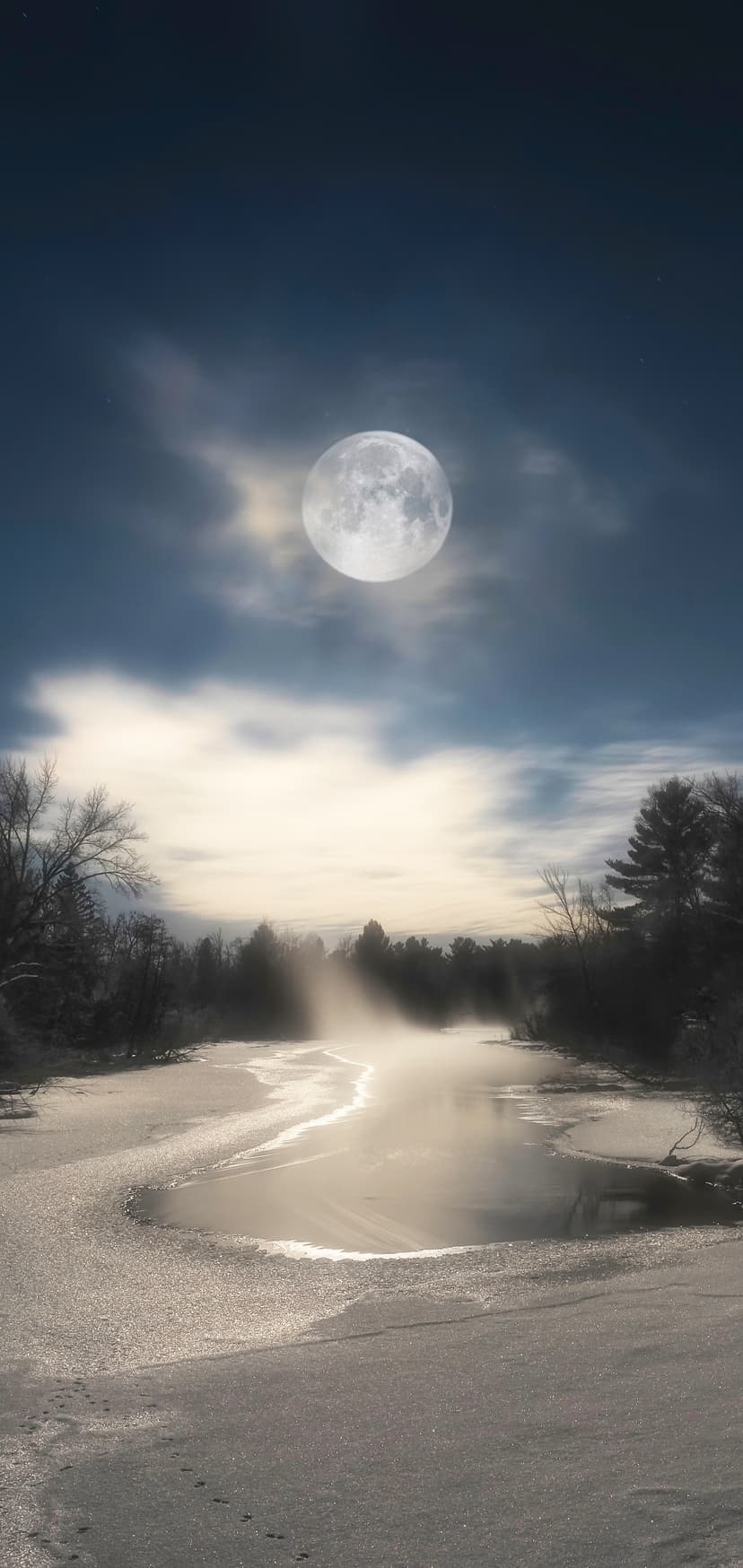 Colossal full moon glowing over a misty frozen lake with silhouetted bare trees and shimmering ice at night.