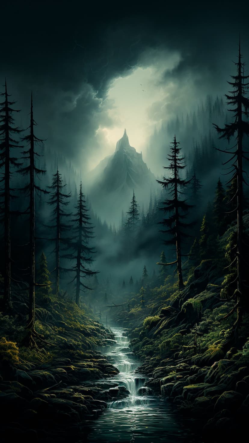 A rushing mountain stream winds through a dense pine forest under a misty peak during a glowing sunrise.