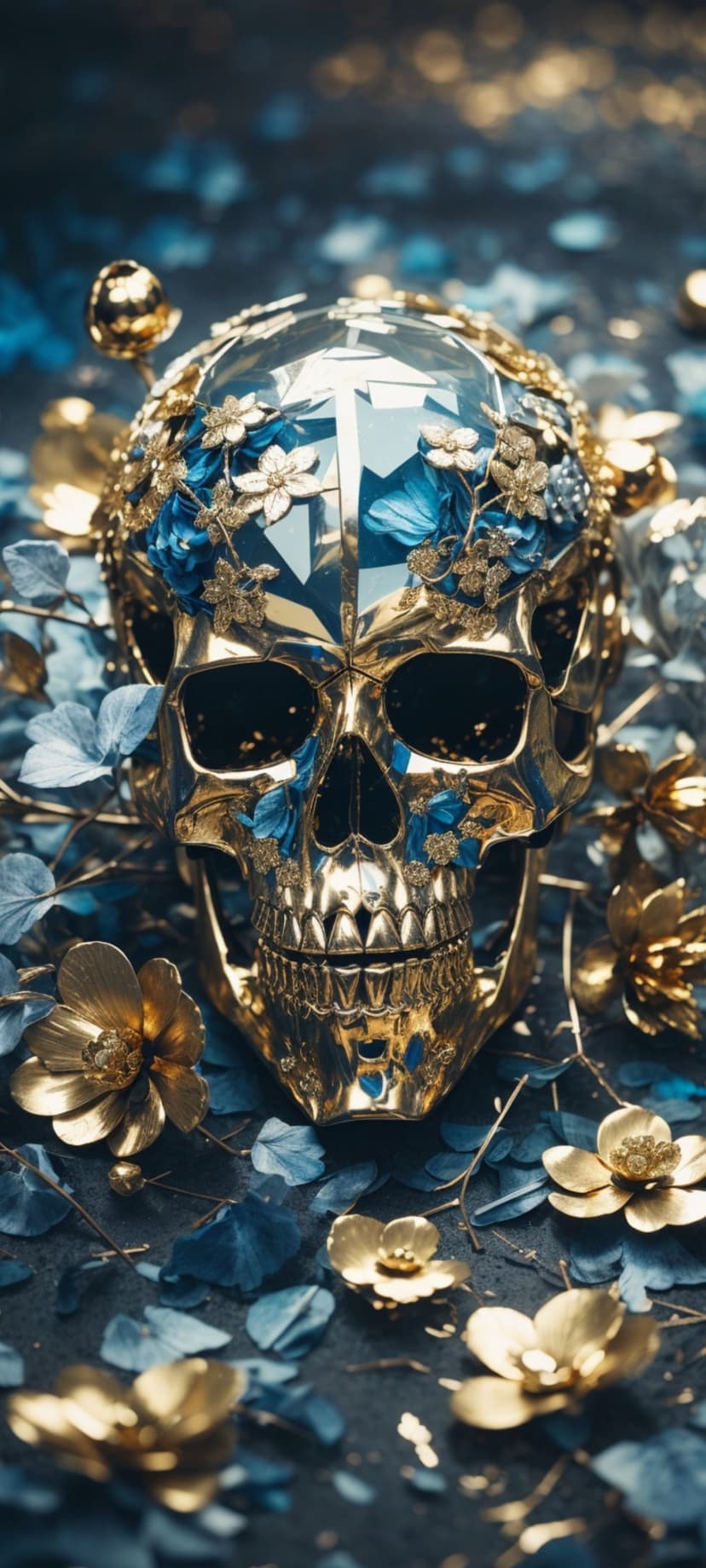 Golden skull with crystal embellishments lies nestled in dark blue flower petals and intricate metallic filigree.