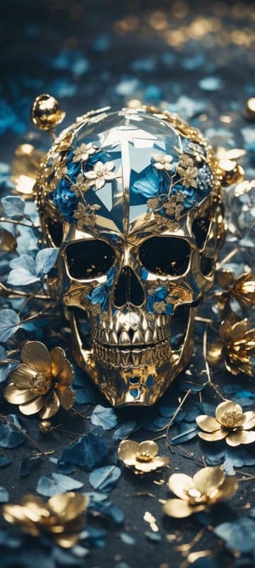 Golden Skull Adorned with Blue Flowers and Crystals