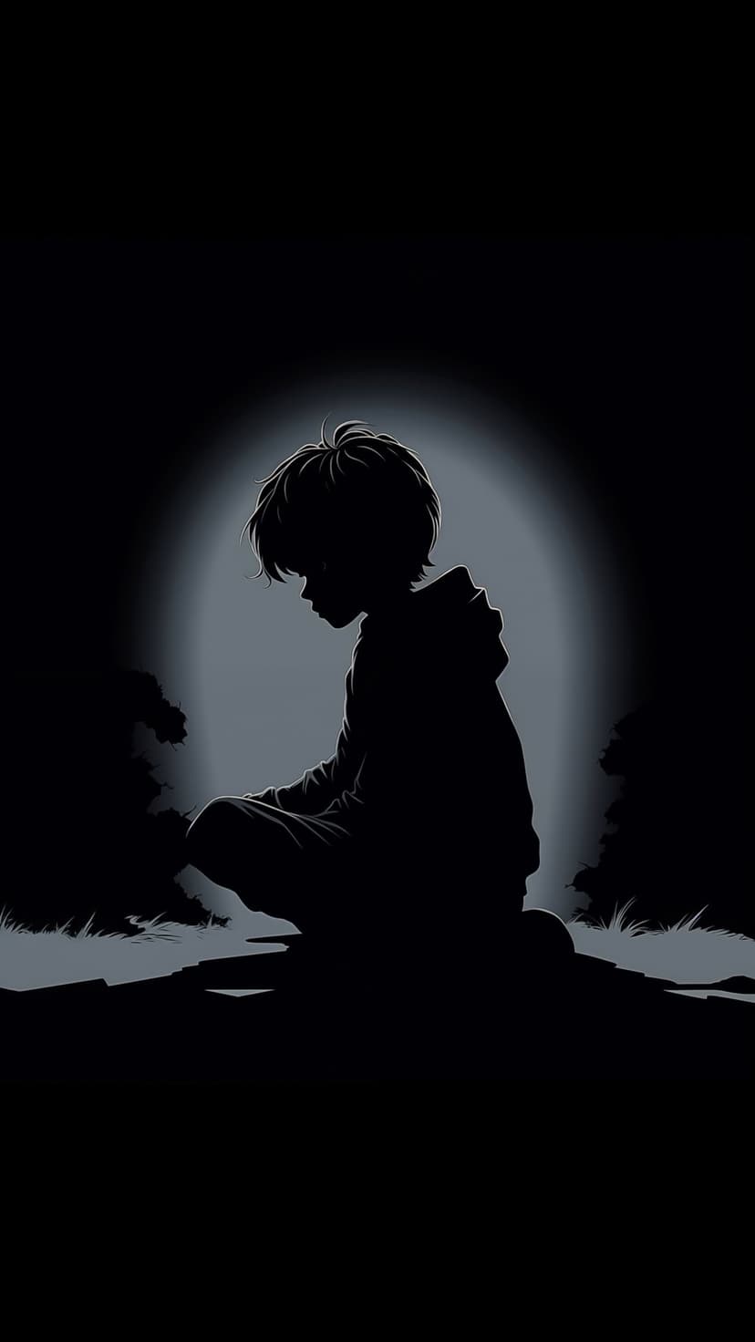 Boy sitting with his head bowed in silhouette against a large glowing moon and a dark night sky background.