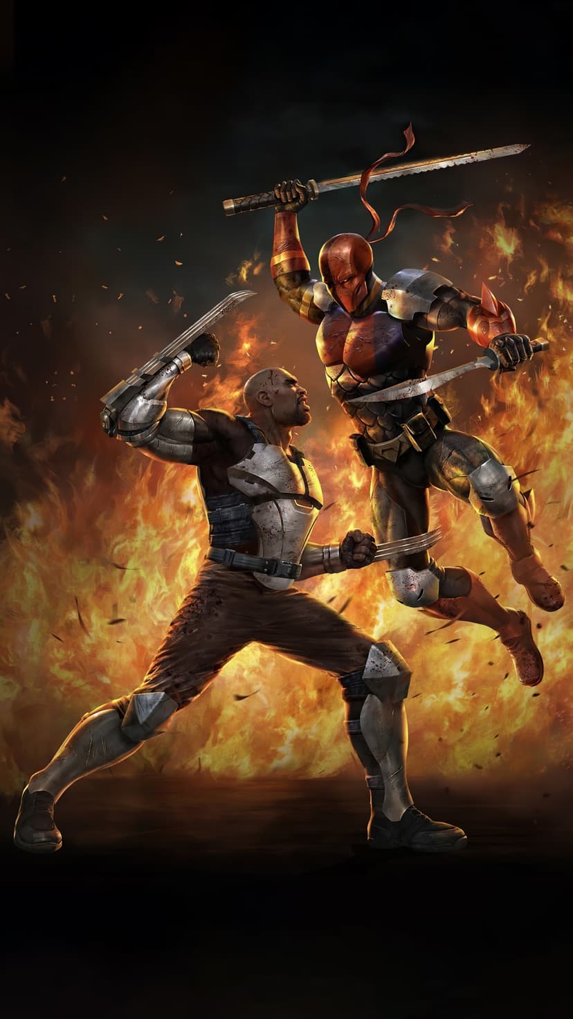 Red masked warrior leaps with a katana toward a bearded soldier wielding blades in a sea of orange flames.