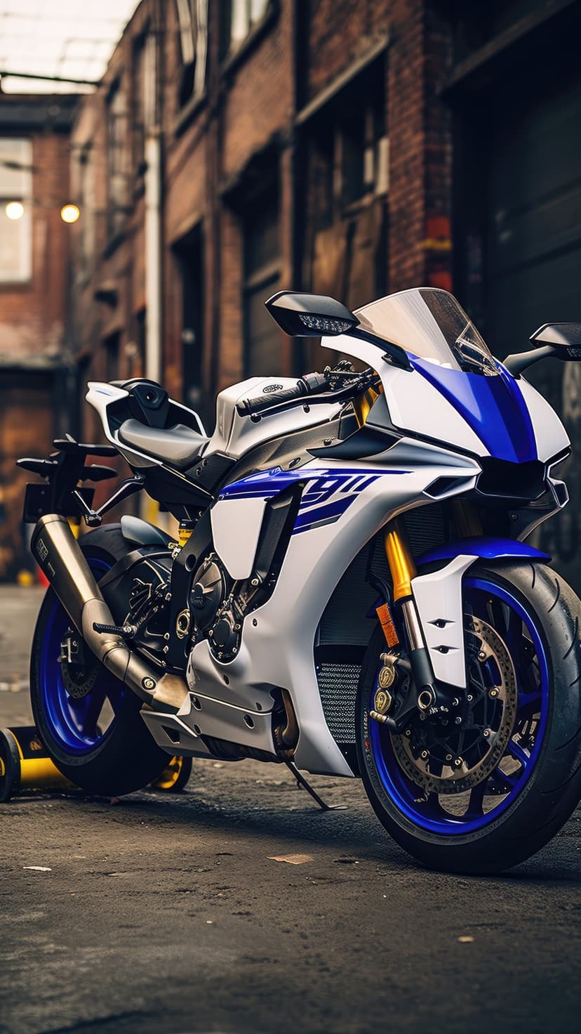 Yamaha R1 motorcycle in blue and white parked between weathered brick walls in a narrow, gritty city alley.