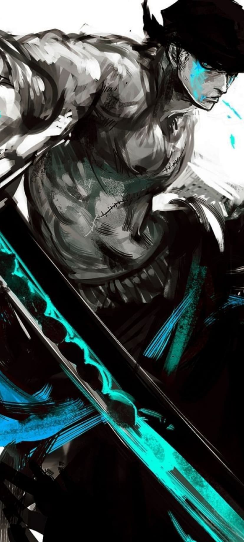 Muscular anime warrior with a torso scar holding a glowing blue sword against a dark, shadowy backdrop.