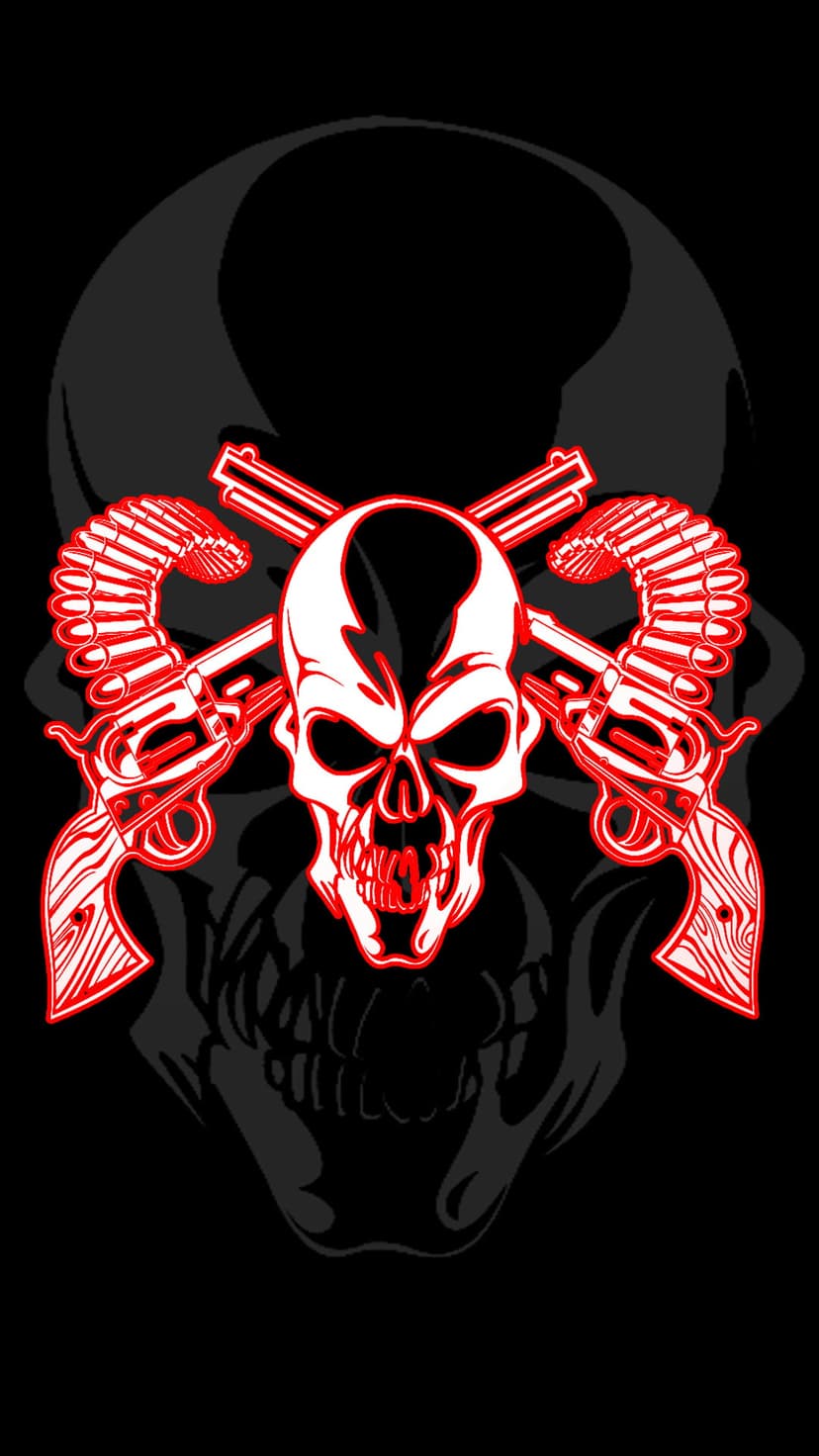 Red skull centered between two crossed silver revolvers and curved ammunition belts on a dark background.