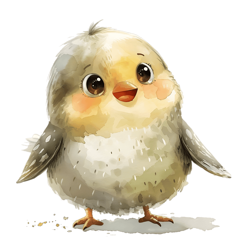 Baby chick bird watercolor painting shows a yellow fluffy animal standing on a white surface against black.