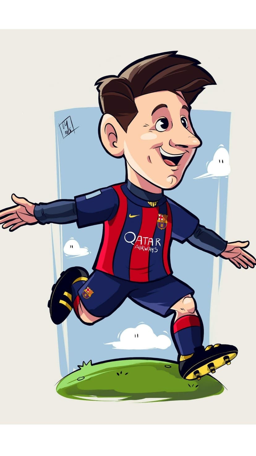Lionel Messi runs across a green field wearing a striped red and blue soccer jersey under a bright blue sky.