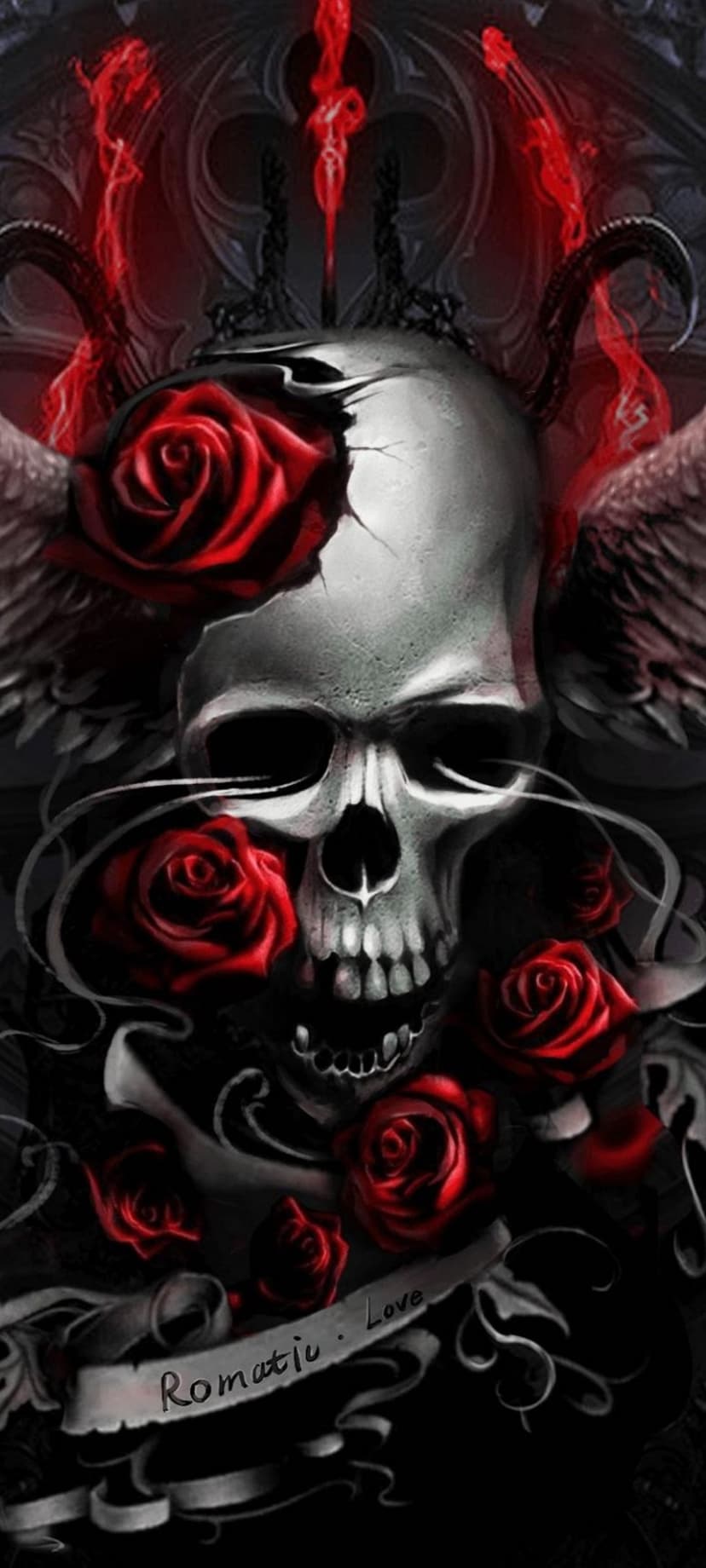 Weathered skull with red roses, dark feathered wings, and a banner reading Romantic Love against a dark backdrop.