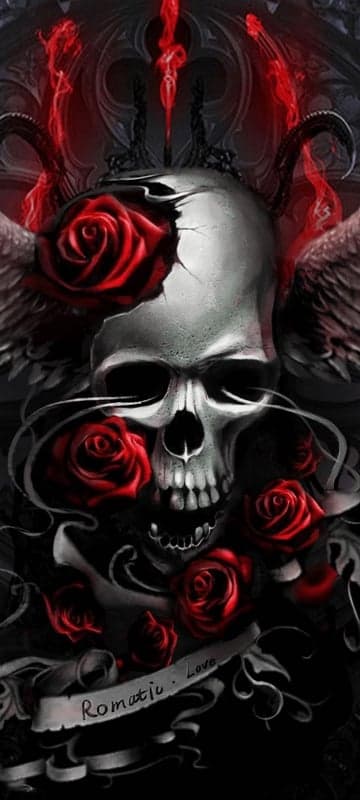 Gothic Skull with Red Roses and Wings