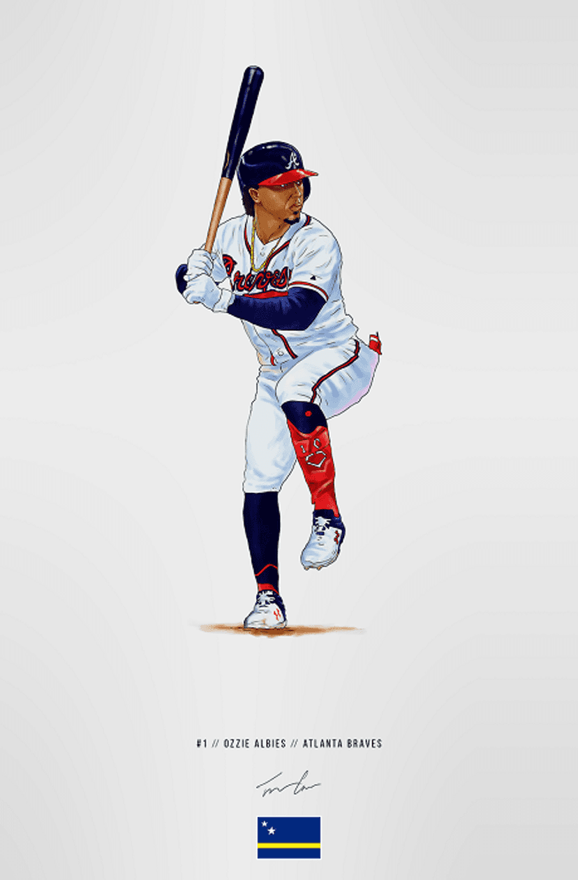 Ozzie Albies in a white Atlanta Braves uniform holds a batting stance over his name and the flag of Curaçao.