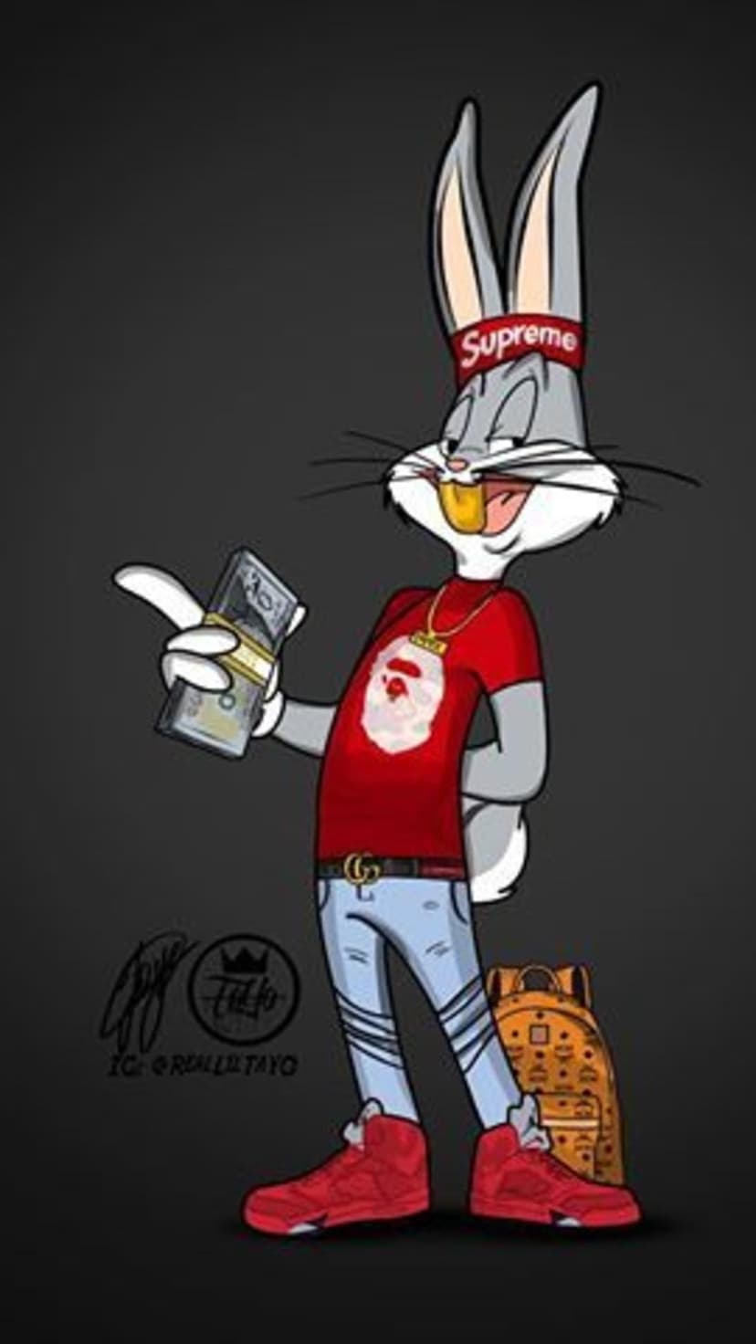 Bugs Bunny in a Supreme headband and red Bape shirt holding cash next to a designer backpack and Gucci belt.