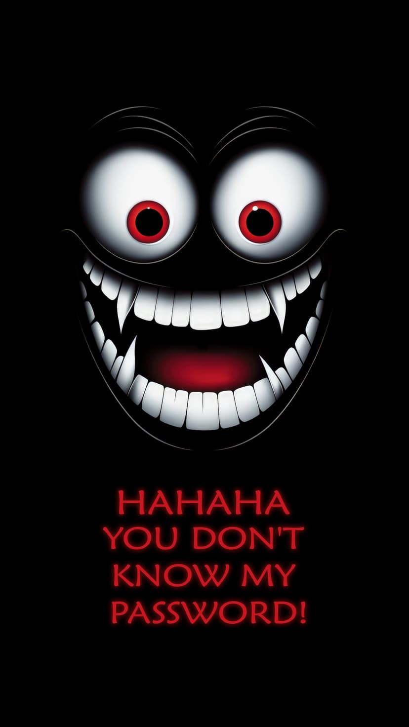 Grinning cartoon face with sharp white teeth and red eyes above red text on a solid black phone background.