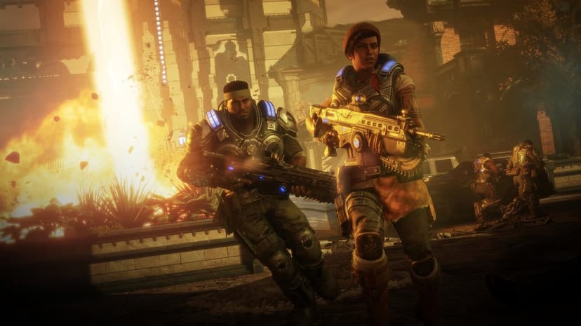 Kait Diaz and Del Walker hold Lancers amidst an explosion in a ruined city during a Gears 5 battle.