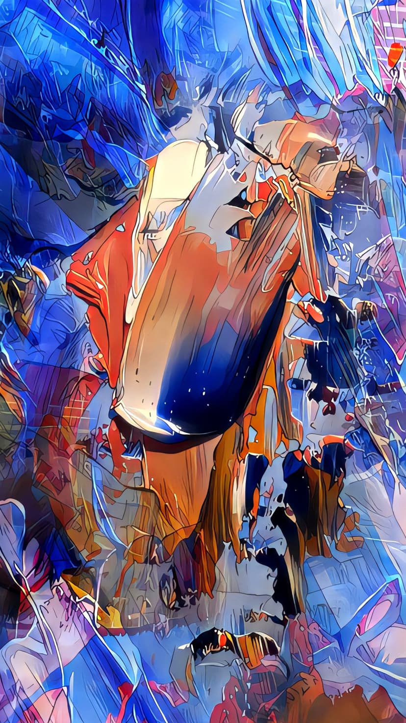 Swirling blue and orange paint strokes merge in a high-contrast vertical composition with thick textures.