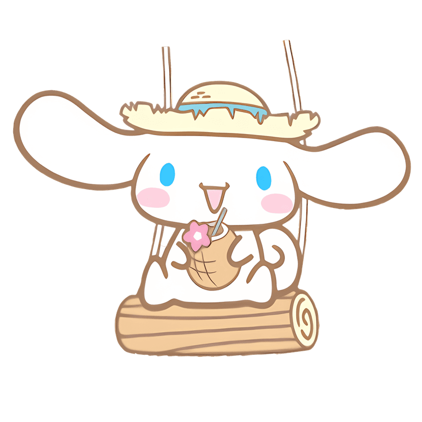 White puppy character wearing a yellow sun hat sits on a wooden swing holding a beverage against transparency.