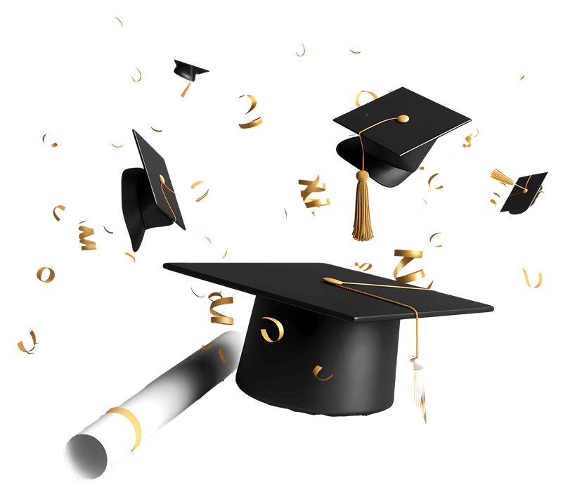 Graduation mortarboard and diploma scroll featuring a black academic cap with a hanging gold tassel and tied paper.