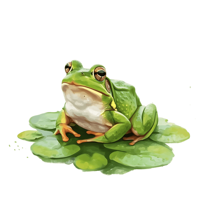Green frog with textured skin sits on a vibrant lily pad. Realistic digital painting with golden eyes and webbed feet.